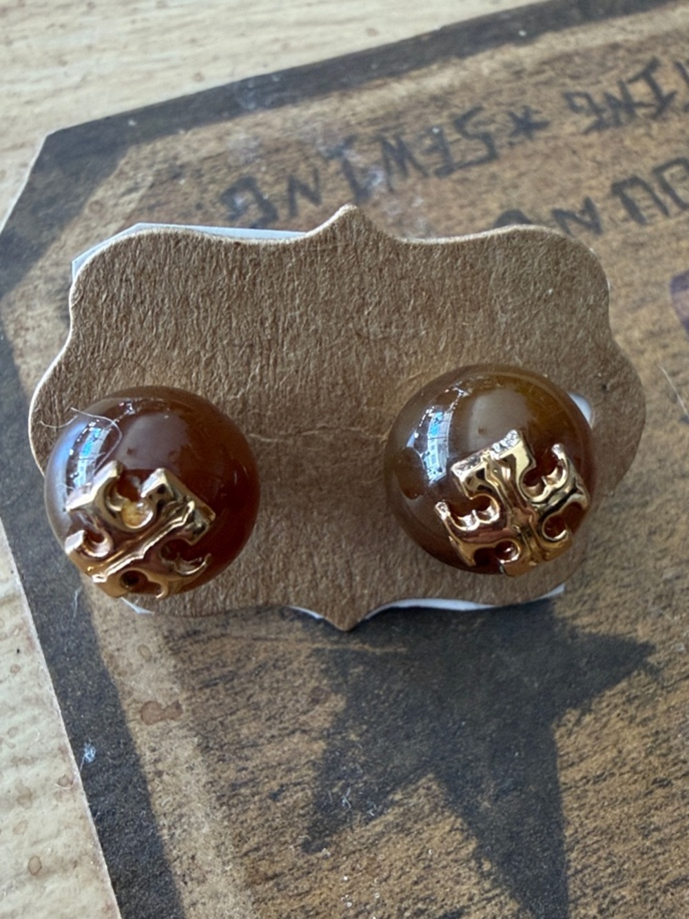 Tori Burch Amber Resin Earrings with Gold Logo